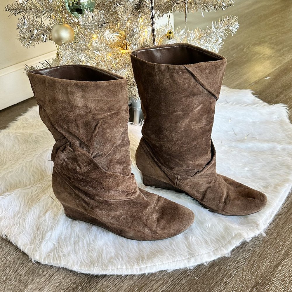 Brown Faux Suede Slouchy Wedge Boots